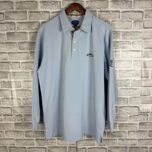 Callaway Golf Sport Mens XL Blue Long Sleeve Polo Plaid Trim Grand Hill Logo